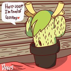  1:1 2020 4_horns alternate_form ambiguous_gender anithoal cactus dialogue elemental_creature english_text feral flora_fauna green_hair hair heart_symbol horn humor lajiao_(diives) multi_horn parody plant plant_pot potted_plant solo talking_to_viewer text wood xingzuo_temple yellow_horn 