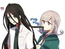  !? 1boy alternate_costume aoki_shizumi black_hair blush breast_pocket brown_eyes brown_hair collared_shirt commentary_request danganronpa_(series) danganronpa_2:_goodbye_despair eating_hair female galaga green_eyes green_jacket green_necktie grey_background hair_between_eyes hair_in_another&#039;s_mouth hair_ornament hairclip hood hood_down hooded_jacket jacket kamukura_izuru long_hair looking_at_another medium_hair mg_mg nanami_chiaki neck_ribbon necktie pink_hair pink_ribbon pocket ribbon shirt smile spaceship_hair_ornament upper_body white_shirt 