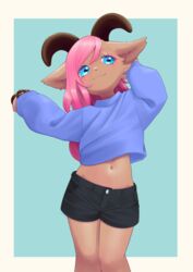  2023 anthro blue_eyes bottomwear bovid caprine clothing crop_top female goat hair horn mammal midriff navel pink_hair pupils shirt shorts slit_pupils solo topwear unousaya 