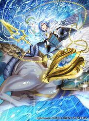  1boy armor azura_(fire_emblem) azura_(fire_emblem)_(cosplay) blue_hair boots breasts cape closed_eyes company_name copyright_notice cosplay dress feather_trim female fire_emblem fire_emblem_cipher gloves hair_between_eyes hair_over_one_eye holding holding_polearm holding_weapon horseback_riding japanese_armor jewelry kana_(fire_emblem) long_hair looking_at_viewer mother_and_son official_art pegasus pendant polearm poleyn riding shigure_(fire_emblem) short_hair toyota_saori veil water water_drop weapon white_cape white_dress white_footwear white_gloves yellow_eyes 