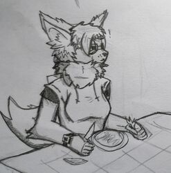  anthro big_ears breasts curious dipstick_tail eating eating_food eevee eyewear female fluffy fluffy_tail generation_1_pokemon glasses hi_res markings monochrome neckfluff nintendo pokemon pokemon_(species) russian_eevee russian_eevee(daniella) sleeveless_shirt sleeveless_sweater solo tail tail_markings traditional_media_(artwork) 