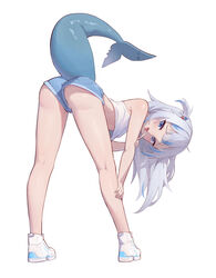  absurdres ass bare_legs bare_shoulders bent_over blue_eyes blue_hair blunt_bangs blush camisole commentary crop_top crop_top_overhang denim denim_shorts english_commentary female fins fish_tail flat_chest from_behind gawr_gura grey_hair hair_ornament hand_on_own_leg highres hirotaka0125 hololive hololive_english kneepits leaning_forward looking_at_viewer looking_back medium_hair micro_shorts multicolored_hair naughty_face oerba_yun_fang open_mouth partially_visible_vulva petite saliva saliva_trail shark_girl shark_tail shiny_skin shoes short_shorts shorts simple_background sneakers solo streaked_hair tail tongue tongue_out two_side_up virtual_youtuber white_background white_footwear 