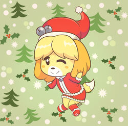  2022 animal_crossing anthro blush canid canine canis christmas christmas_clothing christmas_headwear clothed clothing domestic_dog female flat_chested fully_clothed fur hair hand_on_ear hand_on_head hat headgear headwear hi_res holidays isabelle_(animal_crossing) looking_at_viewer mammal nintendo one_eye_closed rio7 santa_hat shaded shih_tzu signature solo standing toy_dog wink yellow_body yellow_fur 