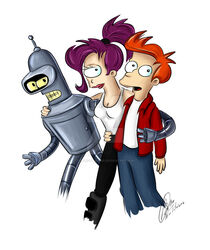  bender_bending_rodr&iacute;guez black_bottomwear black_clothing black_pants bottomwear breasts clothing comedy_central cyclops female futurama group hair hi_res human humanoid jacket lipstick machine makeup male mammal missfuturama not_furry open_mouth orange_hair pants philip_j._fry purple_hair red_clothing red_jacket red_topwear robot simple_background topwear trio turanga_leela white_background 