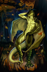  animal_genitalia anthro athletic athletic_anthro athletic_male black_horn dragon european_mythology falling_leaves forest genital_slit genitals hand_behind_head hand_on_hip hi_res horn kres kresketh male mythological_creature mythological_scalie mythology nude outside penis plant scalie solo striped_body stripes tail tree variri western_dragon wings 