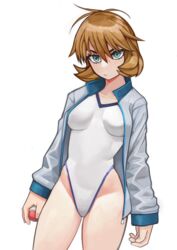  breasts brown_hair closed_mouth commentary competition_swimsuit cowboy_shot eyelashes female flipped_hair green_eyes hair_between_eyes highres holding holding_poke_ball jacket kasumi_(pokemon) long_sleeves michibata_anko one-piece_swimsuit open_clothes open_jacket poke_ball poke_ball_(basic) pokemon pokemon_hgss simple_background solo swimsuit white_background white_one-piece_swimsuit zipper_pull_tab 