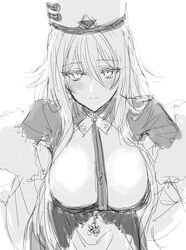  azur_lane blush breasts cleavage coat commentary_request female fur_trim greyscale hair_between_eyes hat large_breasts long_hair long_sleeves looking_at_viewer military_hat monochrome protected_link sbs simple_background smile solo sovetsky_soyuz_(azur_lane) upper_body white_hat 