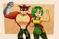  3:2 activision ami_bandicoot bandicoot bottomwear camo camo_bottomwear camo_clothing camo_pants camo_print clothing crash_(series) crash_team_racing_(series) crash_team_racing_nitro-fueled crunch_bandicoot duo female green_hair hair hi_res magaska19 male mammal marsupial pants pattern_bottomwear pattern_clothing pattern_pants prosthetic 