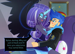  absurd_res blue_eyes blue_eyeshadow blue_sclera clothing dialogue duo english_text equestria_girls eyeshadow female flash_sentry_(eg) hasbro hi_res horn horned_humanoid human humanoid idw_publishing kiss_mark lipstick makeup male male/female mammal my_little_pony my_little_pony_(idw) nightmare_rarity_(idw) on_lap sitting text winged_humanoid wings xan-gelx 