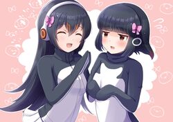  2girls :d ^_^ adelie_penguin_(kemono_friends) black_hair black_hoodie blush bow closed_eyes commentary gentoo_penguin_(kemono_friends) hairbow headphones highres hood hoodie kemono_friends long_sleeves mittens multiple_girls open_mouth orange_eyes own_hands_together p_imo01 penguin_girl pink_bow pleated_skirt short_hair skirt smile sparkle sweater turtleneck turtleneck_sweater two-tone_hoodie upper_body white_hoodie white_skirt 