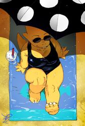  2023 3_toes alphys anthro beach beach_towel beach_umbrella black_clothing black_one-piece_swimsuit black_swimwear clothing eyewear feet female nam one-piece_swimsuit parasol reptile sand scales scalie seaside solo sunglasses swimwear toes towel undertale undertale_(series) yellow_body yellow_scales 