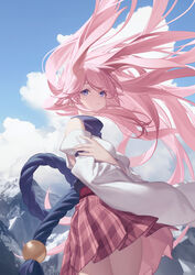  animal_ears bare_shoulders blue_sky breast_hold breasts closed_mouth cloud cloudy_sky commentary cowboy_shot day detached_sleeves expressionless female floating_hair forehead fox_ears frilled_skirt frills hair_floating_upwards honkai_(series) honkai_impact_3rd japanese_clothes long_hair miko mountain outdoors parted_bangs pink_hair pink_skirt pleated_skirt purple_eyes skirt sky solo sougishi_ego wind yae_sakura yae_sakura_(gyakushinn_miko) 