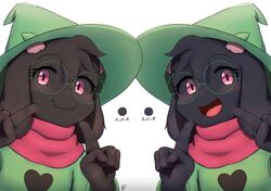  2_horns 4_fingers anthro black_body black_fur blush bovid caprine clothing deltarune eyewear fingers fur glasses goat green_clothing green_hat green_headwear hat headgear headwear heart_symbol hi_res horn japanese_text male mammal open_mouth open_smile pink_eyes pink_horn ralsei red_scarf scarf simple_background smile solo suru56nee text translated undertale_(series) 