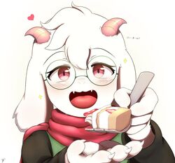  2_horns 4_fingers anthro blush bovid cake caprine cutlery deltarune dessert eyewear fingers floppy_ears food fork fur glasses goat heart_symbol hi_res horn japanese_text kemono kitchen_utensils looking_at_viewer male mammal open_mouth open_smile ralsei red_scarf scarf simple_background smile solo suru56nee text tools undertale_(series) white_background white_body white_fur 