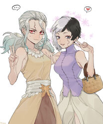  ... 2girls :d asagiri_gen asymmetrical_hair bag black_hair closed_mouth commentary_request cracked_skin doran_(doran7280) dr._stone dress floating_hair genderswap_(mtf) grey_eyes grey_hair hair_intakes heart highres ishigami_senkuu long_hair long_skirt looking_at_viewer multicolored_hair multiple_girls open_mouth purple_shirt red_eyes rule_63 shirt short_hair sidelocks simple_background skirt sleeveless sleeveless_dress sleeveless_shirt smile speech_bubble split-color_hair standing sweatdrop turtleneck two-tone_hair v white_background white_skirt yellow_dress 