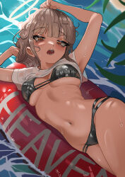  absurdres arms_up bikini black_bikini boku_no_hero_academia breasts cropped_shirt female highres inflatable_raft large_breasts light_brown_hair looking_at_viewer lying navel on_side open_mouth orange_hair shirt slit_pupils solo swimsuit toga_himiko underboob water wet wet_clothes wet_shirt zd_(pixiv6210083) 