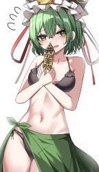  absurdres alternate_costume bikini black_bikini black_hat blush breasts commentary_request cowboy_shot female fingernails flying_sweatdrops frilled_hat frills green_eyes green_hair green_nails green_sarong hat highres kiui_(dagk8254) looking_at_viewer navel open_mouth rod_of_remorse sarong shiki_eiki short_hair simple_background small_breasts solo swimsuit touhou white_background 