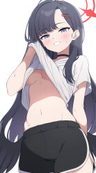  absurdres black_choker black_hair black_shorts black_wings blue_archive blush breasts choker clothes_lift commentary_request dolphin_shorts feathered_wings female grey_eyes hair_ornament hairclip halo heavy_breathing highres hiroikara_(smhong04) ichika_(blue_archive) large_breasts lifting_own_clothes long_hair looking_at_viewer low_wings navel red_halo shirt shirt_lift short_sleeves shorts simple_background smile solo sweat underboob white_background white_shirt wings 