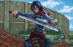  absurdres black_hair breasts buckle building cloud defensive_wall female hair_between_eyes highres holding holding_sword holding_weapon house long_sleeves mikasa_ackerman on_roof outdoors pants paradis_military_uniform red_scarf rlsvd_rlsvd road rooftop scarf serious shingeki_no_kyojin sky solo strap sword thigh_strap three-dimensional_maneuver_gear tree weapon 