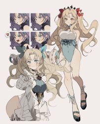  !? ;q absurdres bare_arms bare_legs bare_shoulders black_horns blonde_hair blue_eyes blue_ribbon blush closed_mouth commentary cone_horns covered_navel curled_horns curly_hair curtained_hair dot_nose ereshkigal_(fate) expressions facing_viewer fate/grand_order fate_(series) female frilled_one-piece_swimsuit frills full_body grey_background hair_behind_ear hair_ribbon headpiece highleg highleg_one-piece_swimsuit highres horns licking_lips light_blush light_smile long_hair long_sleeves looking_at_viewer multicolored_clothes multicolored_swimsuit multiple_views note_nii one-piece_swimsuit one_eye_closed open_mouth parted_lips puff_and_slash_sleeves puffy_sleeves purple_hair red_eyes red_ribbon ribbon sandals simple_background space_ereshkigal_(fate) space_ereshkigal_(first_ascension)_(fate) space_ereshkigal_(second_ascension)_(fate) space_ereshkigal_(third_ascension)_(fate) swimsuit tongue tongue_out two_side_up upper_body white_horns 