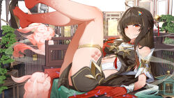  ahoge bare_shoulders black_footwear black_skirt blunt_bangs breasts brown_hair chinese_commentary colored_extremities commentary_request crop_top female halterneck highres holding holding_smoking_pipe honkai:_star_rail honkai_(series) jewelry kiseru legs_up lingsha_(honkai:_star_rail) long_hair looking_at_viewer lying medium_breasts navel on_back open_mouth red_eyes red_feet red_hands shoes skirt smoking smoking_pipe solo thighlet wood_cube wrist_cuffs 