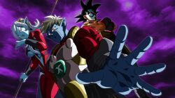  2boys armor artist_request bardock black_hair blue_skin bodysuit bracer breasts clothing_cutout colored_skin crossed_arms demon_boy demon_girl dragon_ball dragon_ball_xenoverse earrings female fingernails from_below frown game_cg grey_hair hair_between_breasts hair_ornament highres holding holding_staff husband_and_wife infinity_symbol jewelry large_breasts loading_screen long_hair looking_at_viewer looking_down mask masked_saiyan mira_(dragon_ball) multiple_boys muscular muscular_male no_eyebrows no_navel official_art official_wallpaper open_hand orange_eyes pointy_ears potara_earrings purple_eyes purple_lips purple_sky red_nails saiyan_armor sharp_fingernails short_hair sky smirk spiked_hair staff stomach_cutout third-party_source time_breaker_mask towa_(dragon_ball) underboob underboob_cutout white_armor white_hair 