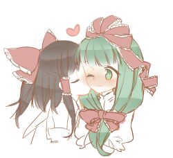  2girls blush bow detached_sleeves front_ponytail green_eyes green_hair hakurei_reimu highres kagiyama_hina kissing multiple_girls red_ribbon ribbon sinny-garden touhou 