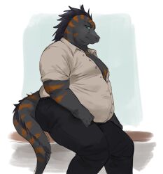  anthro ass belly big_belly black_bottomwear black_clothing black_hair black_pants bottomwear chubby_cheeks chubby_face clothing collared_shirt double_chin dress_shirt echo_(game) echo_(series) echo_project exposed_chest fattybread flynn_moore gila_monster green_eyes hair helodermatid hi_res lizard looking_at_viewer male moobs overweight overweight_anthro overweight_male pants reptile rolled_up_sleeves scalie shirt side_view sitting solo tail_hair tight_clothing topwear unbuttoned_shirt unbuttoned_topwear wrinkles_in_clothes 