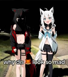  2girls :d ahoge animal_ear_fluff animal_ears aqua_eyes black_gloves black_hair black_jacket black_shirt black_shorts black_thighhighs blue_neckerchief braid commentary crop_top dark_persona detached_sleeves double_fox_shadow_puppet earrings emoji english_text feet_out_of_frame felutiahime fox_ears fox_girl fox_shadow_puppet fox_tail gloves hashtag-only_commentary highres hololive hood hoodie jacket jewelry kurokami_fubuki long_hair long_sleeves looking_at_viewer meme midriff multicolored_hair multiple_girls navel neckerchief night open_clothes open_jacket open_mouth panty_straps photo_background red_hair shaded_face shirakami_fubuki shirakami_fubuki_(1st_costume) shirt short_shorts shorts side_braid sidelocks single_earring single_glove single_thighhigh smile standing streaked_hair tail thigh_strap thighhighs virtual_youtuber white_hair white_hoodie white_sleeves why_dis_ninja_look_so_mad_(meme) wide_sleeves 