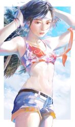  absurdres adjusting_clothes adjusting_headwear arms_up bikini bikini_top_only black_hair border bracelet final_fantasy final_fantasy_vii final_fantasy_vii_rebirth final_fantasy_vii_remake floral_print haru_udon headband highres jewelry official_alternate_costume orange_bikini outside_border palm_tree parted_lips short_hair short_shorts shorts swimsuit tree unworn_hair_bow yuffie_kisaragi yuffie_kisaragi_(summer_orange) 