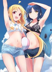  2girls ahoge arm_up ball beachball bikini black_bikini blonde_hair blue_hair blue_shorts blue_sky bocchi_the_rock! breasts cloud denim denim_shorts feet_out_of_frame floral_print halterneck highres ijichi_nijika inflatable_shark inflatable_toy long_hair medium_breasts minosu multiple_girls red_eyes short_hair shorts side_ponytail sky smile swimsuit white_bikini yamada_ryo yellow_eyes 