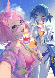  2girls :p animal_ears au_ra beach bikini blue_hair blue_skin braid breasts cat_ears cat_girl colored_skin crown_braid dragon_girl dragon_horns dragon_tail facial_mark final_fantasy final_fantasy_xiv food green_eyes highres holding holding_food holding_ice_cream holding_ice_cream_cone horns ice_cream ice_cream_cone jacket kurogorororo medium_hair miqo&#039;te multiple_girls open_clothes open_jacket pink-tinted_eyewear pink_hair red_eyes scales short_hair sunglasses swimsuit tail tinted_eyewear tongue tongue_out v warrior_of_light_(ff14) whisker_markings white_bikini 