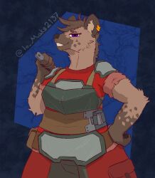  anthro armor boob_armor clothing ear_piercing engineer_(profession) female hi_res hyena looking_at_viewer mammal multiple_piercings overalls piercing shoulder_armor solo spots spotted_hyena teeth teeth_showing to_maks2137 tools work_uniform wrench 