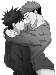  2boys blush closed_mouth eye_contact fsit_forever fushiguro_megumi greyscale highres hug itadori_yuuji jujutsu_kaisen long_sleeves looking_at_another male_focus monochrome multiple_boys open_mouth short_hair simple_background sweater undercut white_background yaoi 