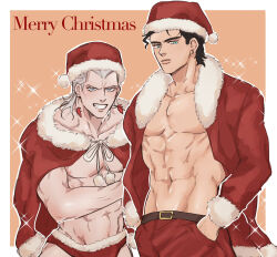  2boys black_hair christmas christmas_clothing christmas_outfit hands_in_pockets jean_pierre_polnareff jojo&#039;s_bizarre_adventure jotaro_kujo looking_at_viewer male male/male male_only merry_christmas muscular_male santa_costume santa_hat shirtless shirtless_male smile stardust_crusaders 