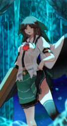  absurdres arm_cannon bird_wings black_thighhighs black_wings blue_background bow breasts brown_eyes brown_hair cape clothes_lift collared_shirt commentary_request control_rod cosmos_0131 feet_out_of_frame female frilled_shirt_collar frilled_skirt frills green_bow green_skirt hairbow highres long_hair looking_at_viewer navel open_mouth print_cape reiuji_utsuho shirt sidelocks single_thighhigh skirt skirt_lift small_breasts solo starry_sky_print sunken_fossil_world thighhighs third_eye touhou water waterfall weapon wet wet_clothes wet_shirt white_cape white_shirt wings 