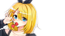  0pinky arm_up black_bow black_lace_trim black_shirt blonde_hair blue_eyes bow cherry commentary_request female food fruit hair_ornament hairbow hairclip highres holding holding_food holding_fruit kagamine_rin lace_trim licking long_sleeves medium_hair piapro pinky_ring shirt silver_ring solo tongue tongue_out upper_body vocaloid white_background 