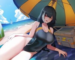  bare_arms beach beach_mat beach_umbrella black_hair black_one-piece_swimsuit blue_sky breasts cero_(last2stage) cleavage cloud cloudy_sky commentary competition_swimsuit diving_board english_commentary female girls&#039;_frontline heterochromia highleg highleg_one-piece_swimsuit highres horizon large_breasts long_hair looking_at_viewer multicolored_hair ocean one-piece_swimsuit open_mouth paid_reward_available red_eyes ro635_(girls&#039;_frontline) sky smile solo streaked_hair swimsuit thighs two-tone_umbrella umbrella white_hair yellow_eyes 