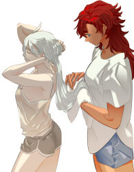  2girls absurdres arms_up bare_arms blue_eyes blue_shorts blush camisole closed_eyes closed_mouth commentary_request dolphin_shorts drying drying_hair grey_shorts gundam gundam_suisei_no_majo hair_focus highres holding holding_towel jacket korean_commentary long_hair looking_at_another miorine_rembran multiple_girls red_hair shirt short-sleeved_jacket short_sleeves shorts simple_background snapagi suletta_mercury sweat towel white_background white_camisole white_hair white_shirt yuri 