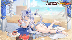  animal_ear_fluff animal_ears ankle_ribbon artist_request ass bare_shoulders barefoot beach bikini blanket blue_bow blue_eyes blue_ribbon blue_scrunchie blunt_bangs bow cake cat_ears cat_fantasy cat_girl cat_tail commentary_request company_name copyright_name day expressionless feet female food foot_up frilled_bikini frills from_behind fruit full_body hair_ornament hair_scrunchie hair_spread_out hairbow hand_up highres holding holding_spoon korean_commentary leg_ribbon legs long_hair looking_at_viewer looking_back low_twintails lying nekopara ocean official_art on_stomach outdoors parfait parted_lips plate ribbon scrunchie shell sidelocks soles solo spoon starfish strawberry swimsuit tail tail_raised the_pose toes tsurime twintails vanilla_(nekopara) very_long_hair watermelon watermelon_slice white_bikini white_hair wrist_bow 