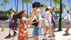  2girls bag black_hat blonde_hair bracelet breasts brown_hair cleavage crop_top denim denim_shorts floral_print food hair_intakes hat height_difference highres holding holding_food jewelry lamppost long_hair looking_at_another luicent midriff multiple_girls navel necklace ocean original outdoors oversized_clothes oversized_shirt palm_tree ponytail popsicle road road_sign shirt shorts shoulder_bag sidewalk sign small_breasts smile street tree watch wavy_hair wide_shot wristwatch yellow_eyes 