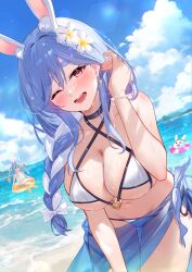  2girls absurdres animal_ear_fluff animal_ears bare_shoulders beach bikini blue_hair blue_sky blush braid braided_ponytail breasts carrot_hair_ornament cleavage collarbone flower food-themed_hair_ornament hair_flower hair_ornament heiyan_shenshi highres hololive large_breasts light_blue_hair long_hair looking_at_viewer mature_female multicolored_hair multiple_girls navel ocean one_eye_closed open_mouth outdoors pekomama pekomon_(usada_pekora) rabbit_ears rabbit_girl red_eyes sarong short_eyebrows sky smile solo_focus swimsuit thick_eyebrows thighs twin_braids twintails two-tone_hair usada_pekora virtual_youtuber water white_bikini white_hair 