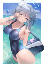  absurdres animal_ear_fluff animal_ears arm_behind_back azuma_(sospower73) bag blue_archive blue_eyes blue_one-piece_swimsuit border breasts collarbone commentary_request competition_swimsuit cross cross_hair_ornament duffel_bag extra_ears female grey_hair hair_between_eyes hair_ornament haniwa_(statue) highres inverted_cross large_breasts looking_at_viewer mismatched_pupils ocean official_alternate_costume official_alternate_hairstyle one-piece_swimsuit outside_border shiroko_(blue_archive) shiroko_(swimsuit)_(blue_archive) short_hair solo swimsuit wet wet_clothes wet_swimsuit white_border wolf_ears wolf_girl 