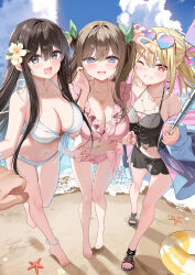  3girls :d anklet bare_legs barefoot beach bikini black_bikini black_eyes black_skirt blonde_hair blue_eyes blue_jacket blue_nails blue_sky blush breasts brown_eyes brown_hair childhood_friend_(childhood_friend_series) cleavage cloud cloudy_sky collarbone colored_inner_hair commentary_request crop_top day eyewear_on_head feet fingernails flower frilled_bikini frills full_body gal_(childhood_friend_series) green_ribbons grin gyaru hair_between_eyes hair_flower hair_ornament hair_ribbon heart heart-shaped_eyewear heart_necklace highres hisabisa_ni_atta_osananajimi_ga_iroiro_to_seichou_shiteirunoni_nounai_dake_seichou_shiteinakute_douyou_shiteiru holding holding_stick innertube jacket jewelry large_breasts long_fingernails long_hair looking_at_viewer medium_hair multicolored_hair multiple_girls nail_polish navel necklace ocean off_shoulder one_eye_closed open_clothes open_jacket open_mouth original outdoors pink_bikini pink_hair piyopoyo polka_dot polka_dot_bikini pov pov_hands red_eyes ribbon sandals seashell selfie selfie_stick shadow shell shore skirt sky sleeveless smile spaghetti_strap standing starfish stick streaked_hair sunglasses swim_ring swimsuit toenail_polish toenails toes tongue two-tone_hair two_side_up v v_over_head very_long_hair water white_bikini yellow_flower yellow_nails younger_sister_(childhood_friend_series) 