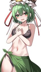  absurdres alternate_costume bikini black_bikini black_hat blush breasts commentary_request cowboy_shot female flying_sweatdrops frilled_hat frills green_eyes green_hair green_sarong hat highres kiui_(dagk8254) looking_at_viewer navel open_mouth sarong shiki_eiki short_hair simple_background small_breasts solo swimsuit touhou variant_set white_background 