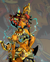  abs armor artist_name bare_shoulders blue_lips bracelet cathiane commentary cowboy_shot dark-skinned_female dark_skin dialogue_box electricity female gerudo hades_(series) hades_2 hand_on_own_hip headpiece highres jewelry looking_at_viewer medium_hair midriff neck_ring parody pauldrons red_hair riju sheath sheathed shoulder_armor solo style_parody sword the_legend_of_zelda the_legend_of_zelda:_tears_of_the_kingdom watermark weapon zoom_layer 