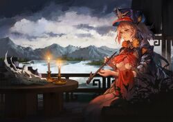  :o absurdres animal_skull black_cloud blonde_hair breasts candle candlelight cloud cloudy_sky echocalypse female foliage hat highres holding holding_smoking_pipe kiseru lake looking_at_object mountainous_horizon nail_polish on_chair perspective revealing_clothes simple_bird sitting sky smoking_pipe solo table underboob yml_(shu_226717) 