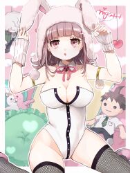  :o animal_ears animal_hood arm_warmers armlet black_leotard breasts brown_hair cleavage danganronpa_(series) danganronpa_2:_goodbye_despair detached_collar fake_animal_ears female fishnet_thighhighs fishnets frills galaga grey_hair hands_up heart highres hinata_hajime hood jacket jewelry komaeda_nagito leotard medium_hair mole mole_on_breast monomi_(danganronpa) nanami_chiaki open_clothes open_jacket pillow pink_background pink_eyes playboy_bunny rabbit_hood ringo_(mk1104-toatales) solo thighhighs white_leotard 