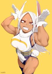  bodysuit boku_no_hero_academia brown_eyes bunny_ears dark-skinned_female gloves light-skinned_female looking_at_viewer mirko miruko my_hero_academia rabbit_ears rumi_usagiyama simple_background stayaliveplz teeth teeth_showing white_hair yellow_background 