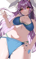  absurdres alternate_costume animal_ears bikini blue_bikini breasts cleavage closed_mouth collarbone commentary_request female hand_on_own_hip highres kiui_(dagk8254) long_hair looking_at_viewer navel paid_reward_available purple_hair rabbit_ears red_eyes reisen_udongein_inaba smile solo swimsuit touhou very_long_hair 